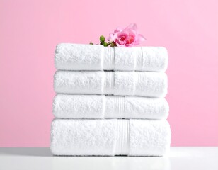 Clean white towels stacked with pink flower, on a white surface, pink background