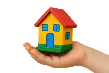 Child hand holding small colorful wooden house, symbolizing home, future, family, and real estate investment concept on transparent background