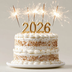 Stunning birthday cake adorned with golden numbers 2026 and sparkling candles, creating festive atmosphere. cake features layers of creamy frosting and decorative sprinkles, perfect