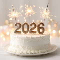 Stunning birthday cake adorned with sparkling candles and year 2026 prominently displayed on top, creating festive and joyful atmosphere perfect for celebrations