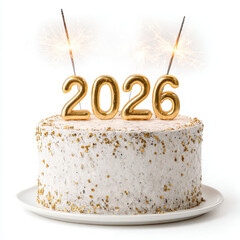 Stunning birthday cake adorned with golden numbers 2026, topped with sparklers that illuminate festive atmosphere. cake features creamy frosting and sprinkle of decorative elements, perfect