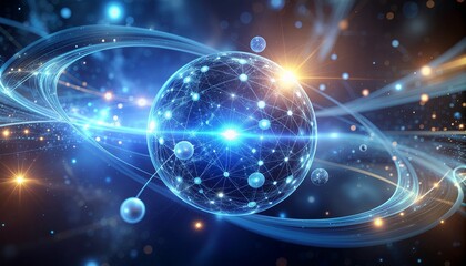 A surreal depiction of financial energy visualized through quantum particles and glowing waves, symbolizing the uncertainty and potential in global investment