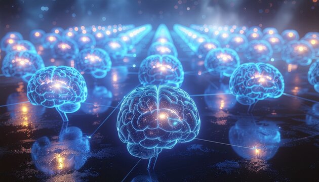 This futuristic image visualizes a network of human and artificial minds linked by data and energy, portraying the rise of connected cognition and shared knowledge.