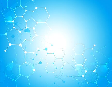 Blue background with molecular structures and connected hexagonal shapes