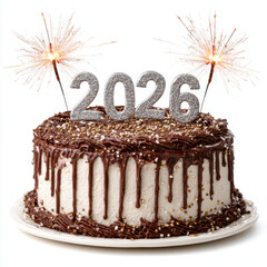 Beautiful birthday cake adorned with sparkling candles and year 2026, featuring rich chocolate frosting and decorative sprinkles, evokes festive celebration