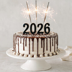 Beautiful birthday cake adorned with chocolate ganache, topped with festive sparklers and year 2026. This elegant dessert is perfect for celebrating special occasions with joy and excitement