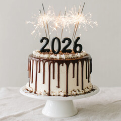 Beautiful birthday cake featuring creamy frosting, chocolate ganache drip, and decorative sparklers. cake is topped with year 2026, creating festive atmosphere for celebrations