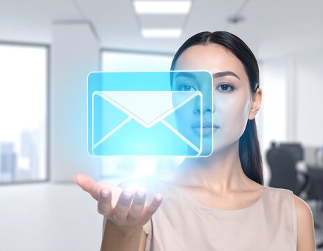 Businesswoman holds digital mail icon, modern office background