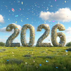 Vibrant and eye catching landscape featuring large, glittering numbers 2026 surrounded by colorful confetti and clear blue sky. scene evokes sense of celebration and anticipation for new year
