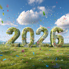 Vibrant and eye catching landscape featuring large, grassy numbers 2026 surrounded by colorful confetti and clear blue sky, symbolizing celebration and new beginnings