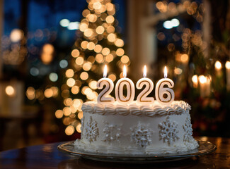 Beautiful white birthday cake adorned with snowflake decorations and candles shaped like numbers 2026, set against festive background of twinkling lights. warm ambiance evokes joyful celebration