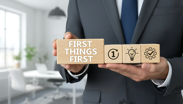 Business concept of first things first. Person holding wooden blocks with icons sees the inscription FIRST THINGS FIRST 