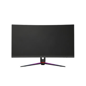 A front view of a curved gaming monitor with a distinctive stand featuring red and purple accents.