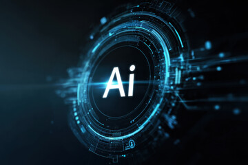 Abstract digital background featuring AI concept with glowing icons and intricate circuitry, evoking sense of innovation and technology