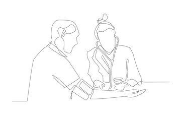 Continuous Line Drawing: Two People Meeting, Isolated on White