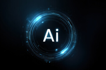 Abstract digital background featuring AI concept with glowing circular elements and blue light effects, creating futuristic atmosphere