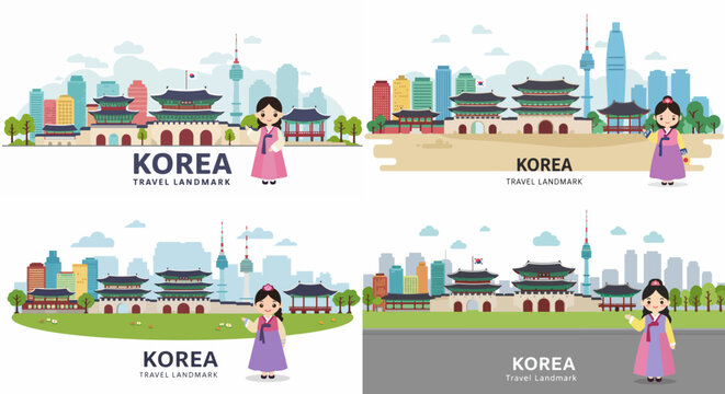 Korea travel landmarks with traditional women in hanboks