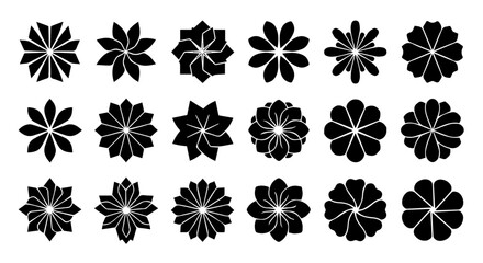 Collection of 20 stylized flower icons in black and white, arranged in a grid pattern.