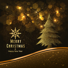 Merry Christmas greeting card with Christmas tree decoration and snowflakes