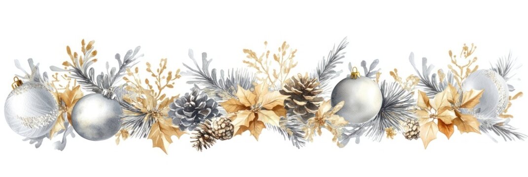 Christmas silver and gold border illustration ornaments leaves.