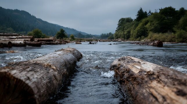Logs floating down a turbulent river with forested hills in the background