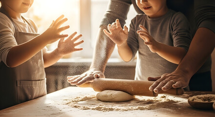 Children Learning to Bake Together with Dough and Flour. Close-up of children’s hands rolling dough and playing with flour under warm sunlight.