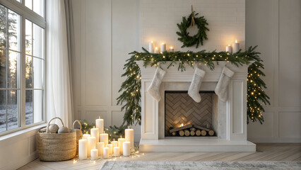 Cozy christmas hearth scene with decorated mantel and twinkling lights