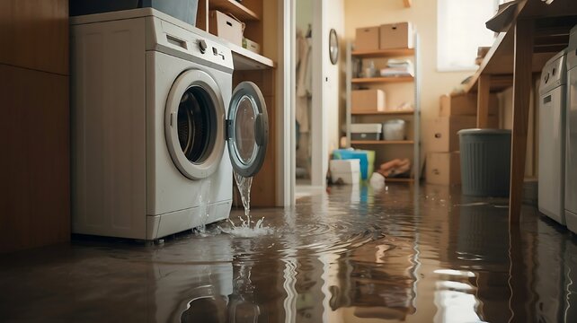 Washing machine malfunction with water damage in laundry room, flood