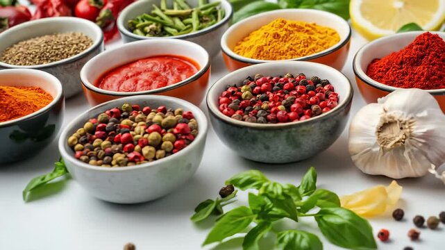 Variety of Colorful Spices and Herbs in Bowls