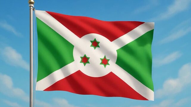 Burundi Flag Waving Proudly Against a Clear Blue Sky.
