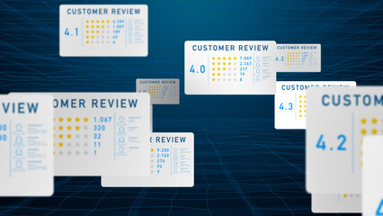Floating digital customer review interface with star ratings and user analytics on futuristic blue grid background, concept of online feedback system