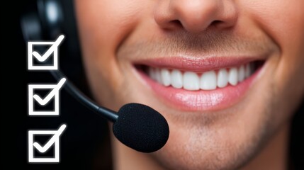 Professional man wearing headset and microphone for clear online communication and audio support.