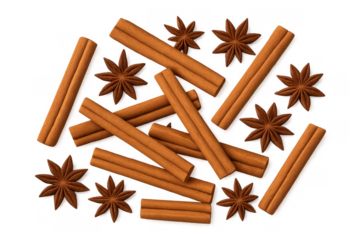 Cinnamon sticks and star anise scattered on a transparent background, representing flavorful spices and cooking ingredients