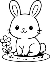 Cute Kawaii Bunny Sitting on Grass - Rabbit Illustration