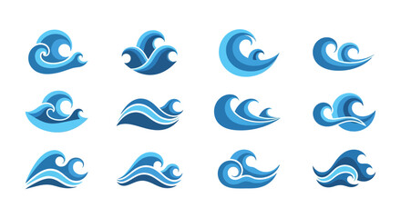 Collection of blue wave designs and symbols on a white background