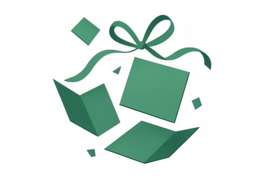 Unwrapping a green gift box exploding, festive bow and paper pieces flying, celebrating special occasion opening