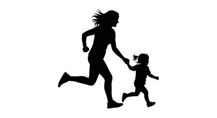 Silhouette of a mother and daughter joyfully running together outdoors