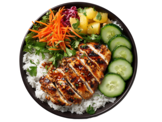 Delicious grilled chicken bowl with rice, fresh vegetables, and tropical fruit served in a vibrant dish