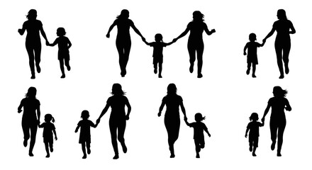 Silhouettes depicting mothers and children walking hand in hand together