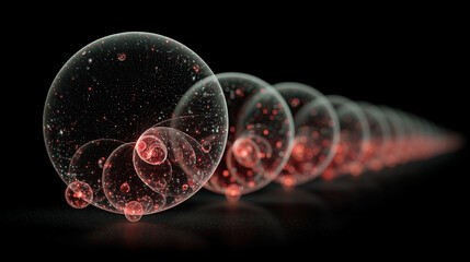 A line of spheres twists into a glowing spiral, radiating light and energy. The hyperrealistic scene symbolizes motion, infinity, and the continuous flow of creativity, knowledge, and cosmic harmony.