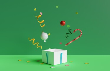 Minimalist christmas gift box exploding with christmas ornaments. 3d rendering
