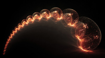 A line of spheres twists into a glowing spiral, radiating light and energy. The hyperrealistic scene symbolizes motion, infinity, and the continuous flow of creativity, knowledge, and cosmic harmony.