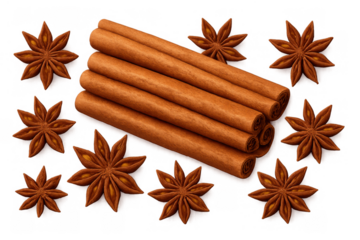 Cinnamon sticks and star anise pods on transparent background, aromatic spices for cooking and festive decorations