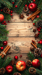 ナチュラルウッド背景に赤リンゴ・松かさ・常緑枝のクリスマスデコレーションフレーム