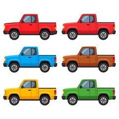 Fototapeta premium Assortment of six colorful, cartoonish pickup trucks isolated on white