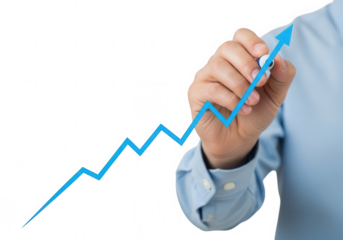 Hand drawing a blue arrow pointing upwards isolated on transparent background, symbolizing growth and success