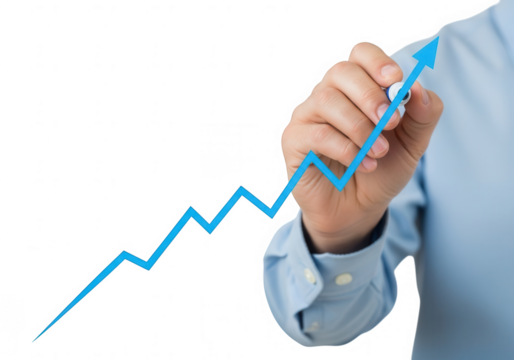 Hand drawing a blue arrow pointing upwards isolated on transparent background, symbolizing growth and success - Powered by Adobe