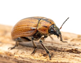 Close-up macro of a small brown beetle on a piece of wood