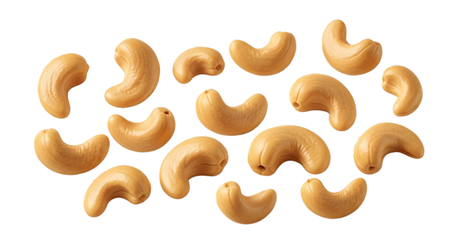 Scattered Cashew Nuts PNG, Roasted Whole Cashews Transparent Background, Light Golden-Brown Cashew Clipart, Floating Nut Cluster Mockup, Isolated Cashew Nuts Image