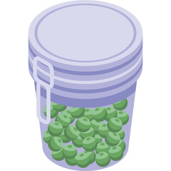 Clear glass jar filled with small green spherical objects and a light purple lid and handle set against a transparent background representing storage or ingredients